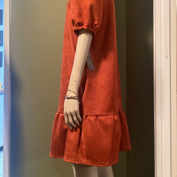 Beautiful faux suede Dress with puff shoulders, color is SPICE. BNWT,  SIZE 12. - Picture 14 of 16